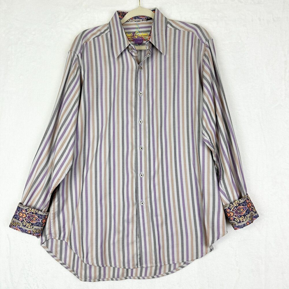 Robert Graham Striped Herringbone Flip Cuff Button Up Size Large Multicolor